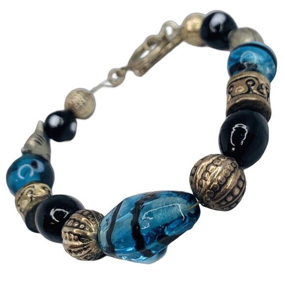 Vintage Blue Glass 925 Sterling Silver Bracelet 8" Toggle Clasp Signed - Picture 5 of 11